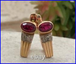 Royal Vintage Soviet Russian Gold 583 14K Earrings Ruby Women's Jewelry USSR