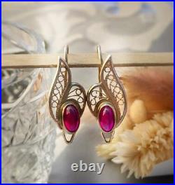 Royal Vintage Soviet Russian Rose Gold 585 14k Filigree Earrings Ruby Stone USSR
