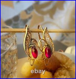 Royal Vintage Soviet Russian Rose Gold 585 14k Filigree Earrings Ruby Stone USSR
