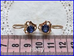 Royal Vintage USSR Soviet Russian Rose Gold 583 14K Earrings Blue Sapphire Stone