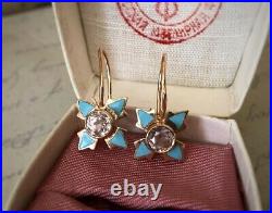 Royal Vintage USSR Soviet Russian Rose Gold Earrings Rock Crystal Enamel 583 14k
