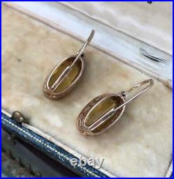 Royal Vintage USSR Soviet Russian Solid Rose Gold Earrings Citrine Stone 583 14k