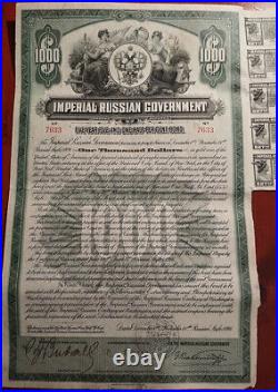 Russian 1916 Imperial GOLD $ 1000 Dollars Bond Loan Share Coupons ABNC