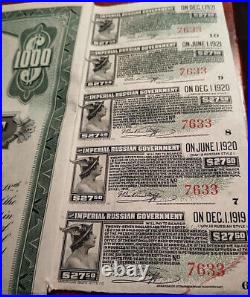 Russian 1916 Imperial GOLD $ 1000 Dollars Bond Loan Share Coupons ABNC