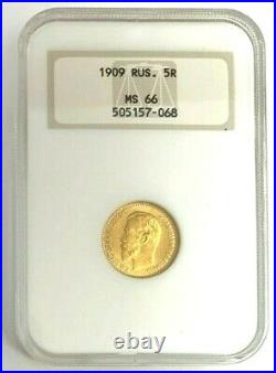 Russian Empire 1909 Gold 5 Rubles Emperor Nikolai II Imperial NGC MS66