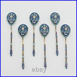 Russian Enameled, Gilded Silver Spoons, Antique Spoons, Set of 6