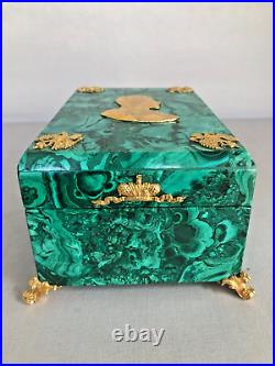 Russian Hinged Natural Malachite Box in Imperial Style with Gilded Bronze Décor