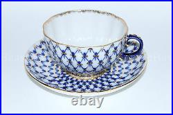 Russian IMPERIAL Lomonosov Porcelain Hard cup and saucer Tulip Cobalt Net Gold