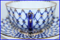 Russian IMPERIAL Lomonosov Porcelain Hard cup and saucer Tulip Cobalt Net Gold