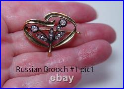 Russian Imperial Antique Miner Cushion Diamond Brooch 14K Gold 56