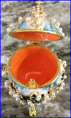 Russian Imperial Egg Ring Box Pearl Enamel made with Swarovski Crystal 14K GP