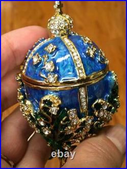 Russian Imperial Egg Ring Box blue Enamel made with Swarovski Crystal 14K gold