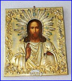 Russian Imperial Enamel Orthodox Icon Jesus Christ Pantocrator Silver 84 Gold C