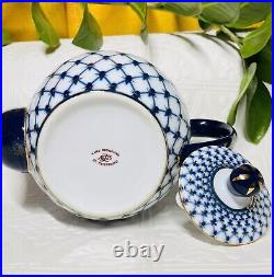 Russian Imperial Lomonosov Cobalt Net Porcelain Teapot 22K Gold