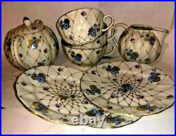 Russian Imperial Lomonosov Porcelain 9pcs Vntg Snack Cobalt/Gold Accents set