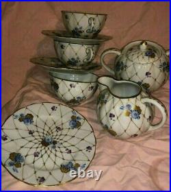 Russian Imperial Lomonosov Porcelain 9pcs Vntg Snack Cobalt/Gold Accents set