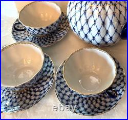 Russian Imperial Lomonosov Porcelain Cobalt Net 12 Pcs 6 Cups & Saucers