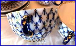 Russian Imperial Lomonosov Porcelain Cobalt Net 12 Pcs 6 Cups & Saucers