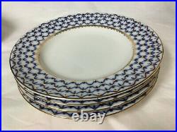 Russian Imperial Lomonosov Porcelain Cobalt Net 4 Pcs 8 Plates W 22k Gold