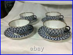 Russian Imperial Lomonosov Porcelain Cobalt Net 8 Pcs 4 Lge Cups & Saucers