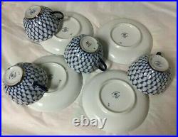 Russian Imperial Lomonosov Porcelain Cobalt Net 8 Pcs 4 Lge Cups & Saucers