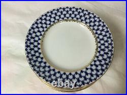 Russian Imperial Lomonosov Porcelain Cobalt Net 8 Pcs 7 Plates W 22k Gold