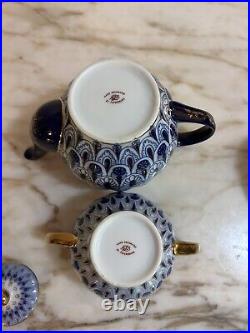 Russian Imperial Lomonosov Porcelain Cobalt Net Tea Set Gold Trim 8 piece
