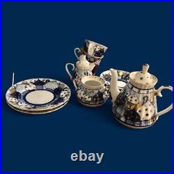Russian Imperial Lomonosov Porcelain Cobalt Net Tea Set with Gold Trim 11 Pieces