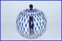 Russian Imperial Lomonosov Porcelain Hard Teapot Tulip Cobalt Net Gold RARE Lfz