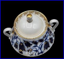 Russian Imperial Lomonosov Porcelain Sugar Bowl Bluebells Blue Flower Gold Trim