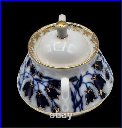 Russian Imperial Lomonosov Porcelain Sugar Bowl Bluebells Blue Flower Gold Trim