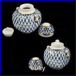 Russian Imperial (Lomonosov) Porcelain Tea Caddy Cobalt Net 22K Gold, NEW