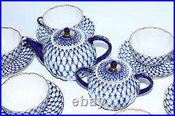 Russian Imperial Lomonosov Porcelain Tea Set Cobalt Net 6/14 22k Gold Original