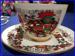 Russian Imperial Lomonosov Porcelain Tea cup & saucer Red Rooster 22k Gold RARE