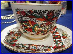 Russian Imperial Lomonosov Porcelain Tea cup & saucer Red Rooster 22k Gold RARE