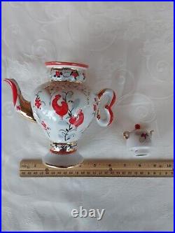 Russian Imperial Lomonosov Porcelain Teapot Bright Folk Patterns Gold Rare