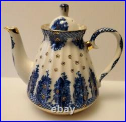 Russian Imperial Lomonosov Porcelain Teapot Cobalt Flow Blue And Gold