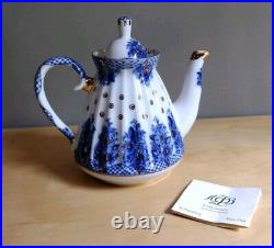 Russian Imperial Lomonosov Porcelain Teapot Cobalt Flow Blue And Gold