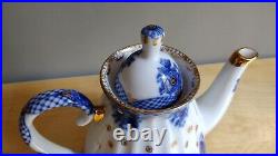 Russian Imperial Lomonosov Porcelain Teapot Cobalt Flow Blue And Gold