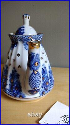 Russian Imperial Lomonosov Porcelain Teapot Cobalt Flow Blue And Gold