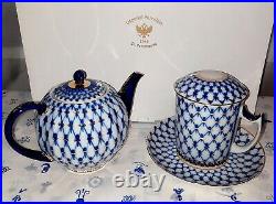 Russian Imperial Lomonosov Porcelain Teapot and Mug Cobalt Net, 22k Gold, NEW