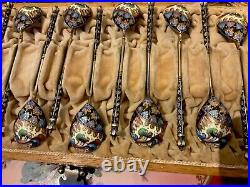 Russian Imperial Silver Gilded Enamel Spoon set of 12 in mint condition boxed