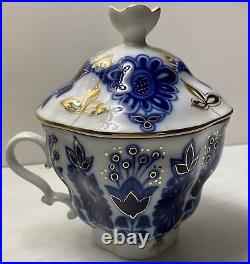 Russian Lomonosov Cobalt Blue White Imperial Porcelain Tea Cup Saucer Lid Gold