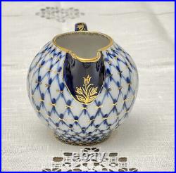 Russian Lomonosov Imperial Covered Sugar Bowl & Creamer 22K Gold Cobalt Blue Net