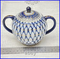 Russian Lomonosov Imperial Covered Sugar Bowl & Creamer 22K Gold Cobalt Blue Net