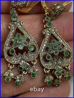 Russian Vintage 14K Gold Imperial Long Earring with Emeralds and Diamonds