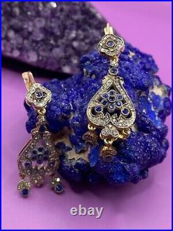 Russian Vintage Antique Imperial 14K 56 Gold & Silver Earring Sapphire Diamond