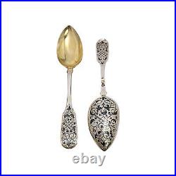 Set of 2 Russian 84 Zolotnik Imperial Silver Gold Wash and Enamel Spoons #16819