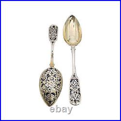 Set of 2 Russian 84 Zolotnik Imperial Silver Gold Wash and Enamel Spoons #16819