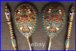 Set of 4 Antique Imperial Russian Enameled Gilded Silver Spoons (G. Klingert)